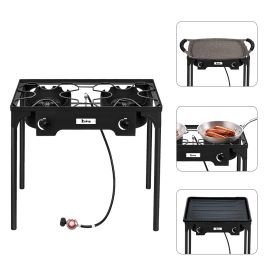 Outdoor Camp Stove High Pressure Propane Gas Cooker Portable Cast Iron Patio Cooking Burner (Double Burner 150000-BTU) (Color: as pic)