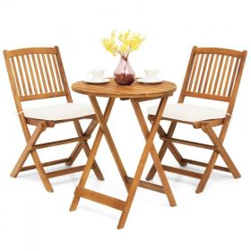 3 Pieces Patio Folding Wooden Bistro Set Cushioned Chair (Color: White)